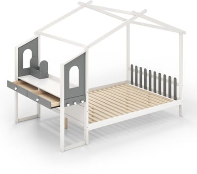 COSTWAY Huisbed met bureau, 90 x 200 cm, kinderbed met lattenbodem, bureau met opbergdoos, laden en haken, jeugdbed, houten bed voor kinderen, wit