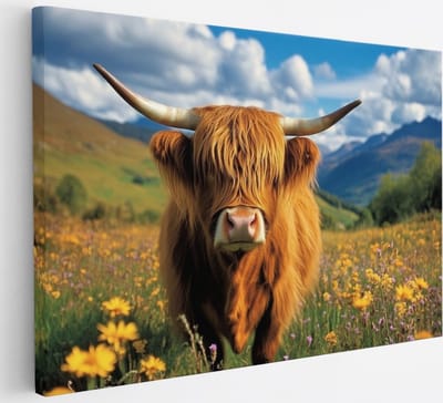 Saammp - Canvas Schilderij - Schotse Hooglander Koe Tussen de Bloemen - Landschap - Dieren - Natuur - 30x20 - Foto op canvas - Wanddecoratie - muurdecoratie Woonkamer - Slaapkamer decoratie - Canvas Print