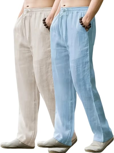Livano Linnen Broek Heren - Zomerbroek - Volwassenen - Lange Broek - Pantalon - Strandbroek - Zomer - Ibiza Stijl - Khaki & Hemelsblauw - Maat S