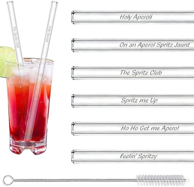 Allecto - Aperol Glass Straws - Herbruikbare Cocktail Rietjes - 20 cm - Glazen Rietjes met Leuke Druk - Voor Feestjes en Verjaardagen - Inclusief S...