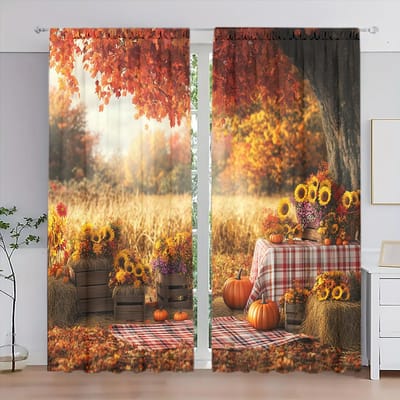 2 stuks Gordijn met Pompoenpatroon Gedrukt voor Oogstfeest Huisdecoratie - Stangzak Raambekleding voor Slaapkamer, Kantoor, Keuken 52.5cmX116cm X 2pcs white