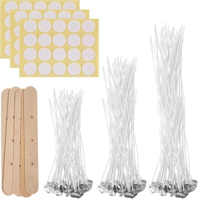 150 stuks kaarslonten, katoenen lonten voor kaarsen van 10 cm/15 cm/20 cm, lont voor natuurlijke kaarsen met houten lonthouder en dubbelzijdige lontstickers, voor het maken van kaarsen