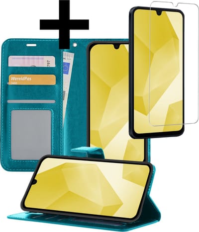 Hoesje - Met Screenprotector - Geschikt voor Samsung Galaxy A16 - Luxe Pasjeshouder - Bookcase Portemonee - Flip Case - Kunstleer Book Case - Flipcase - Book Cover - Walletcase - Portemonneehoes - Telefoonhoesjes - Turquoise