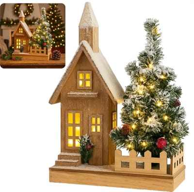 Cheqo® Verlicht Kersthuisje - Kersthuis met LED Verlichting - Warm Wit - Werkt Op Batterijen - Houten Kersthuis - Kerstdecoratie - Kersthuisjes En Kerstdorpen - Aanloopsnoer - Kerstornament Kerstdorp - Sfeerverlichting - Winterdecoratie