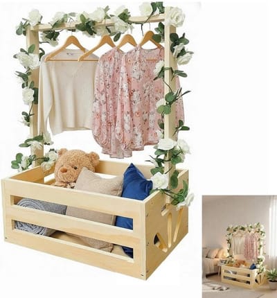 Cadeaumand van hout voor opberging en organisatie, ideaal voor slaapkamers en woonkamers, met geïntegreerde kledingstang en stijlvolle uitstraling