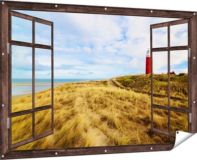 Gards Tuinposter Doorkijk Vuurtoren met Duinen in Texel - 180x120 cm - Tuindoek - Tuindecoratie - Wanddecoratie buiten - Tuinschilderij