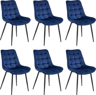 Colenis® - Quadra Eetkamerstoel - Set Van 6 - Blauw - Fluweel - Industrieel