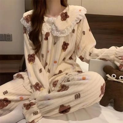 Dames Warme Pyjama Sets Herfst Winter Zacht Schattig Jonger Top en Broek Sets 2 stuks Casual Huiskleding Nachtkleding One Size beige