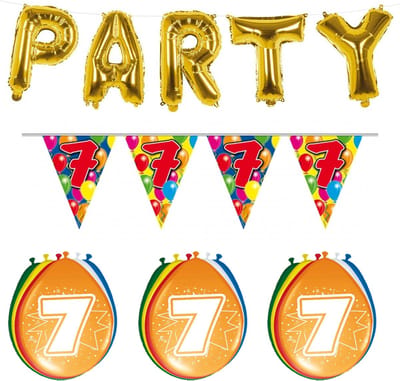 Folat - Verjaardag feestversiering 7 jaar PARTY letters en 16x ballonnen met 2x plastic vlaggetjes