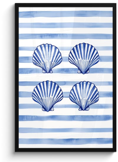 Poster in lijst - Fotolijst 60x90 cm - Posters - Vier schelpen - Blauw - Wit - Strepen - Posterlijst zwart - Decoratie - Wanddecoratie woonkamer - Muurdecoratie slaapkamer