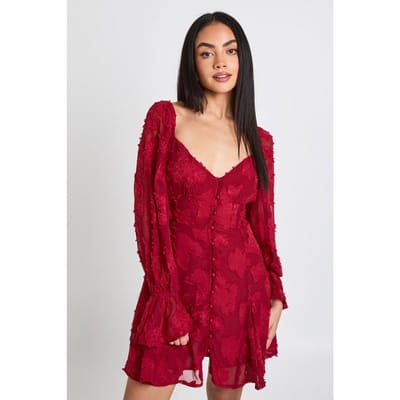 boohoo Dames Burnout Bloemenprint Godet Zoom Mini Jurk | Merlot | Maat: 8