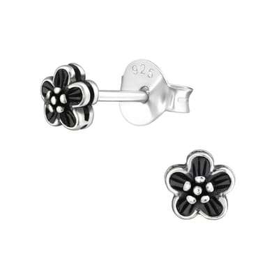 Joy|S - Zilveren petit daisy bloem oorbellen - 4 mm - geoxideerd