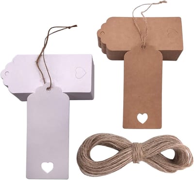 Labels - Cadeaulabels - Kraftpapier - Met Klein Hartvormig Uitgestanst Gat en Jute Koord - 4,5x9,5 cm - Voor Bruiloft, Geschenken, Knutselen - 100 stuks (50 wit, 50 bruin)