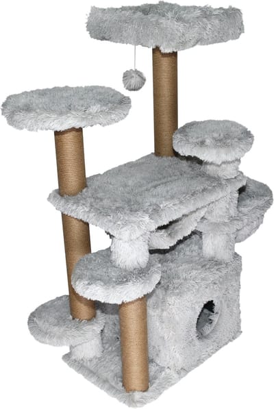 Topmast Krabpaal Fluffy Tokyo - Grijs - 108 x 65 x 129 cm - Krabpaal voor Grote Katten en Zware Katten - Met Kattenhuis en Hangmat - Stevig Sisal Touw
