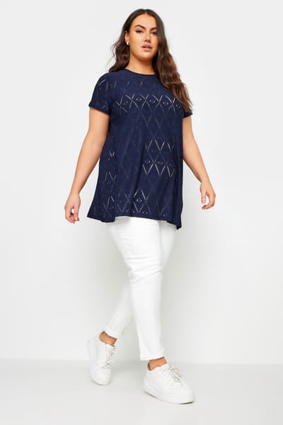 Yours Tshirt In Broderieontwerp Met Ronde Hals In Donkerblauw Size 44
