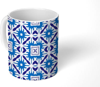 Mok - Koffiemok - Vector - Blauw - Tegels - Patronen - Mokken - 350 ML - Beker - Koffiemokken - Theemok
