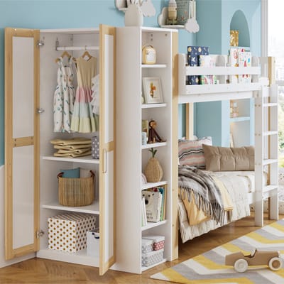 MODENUIT Stapelbed 90x200 cm – Met 4-Trede Ladder & Valbeveiliging – Kast en 6 Open Vakken – Zonder matras – Wit/Naturel