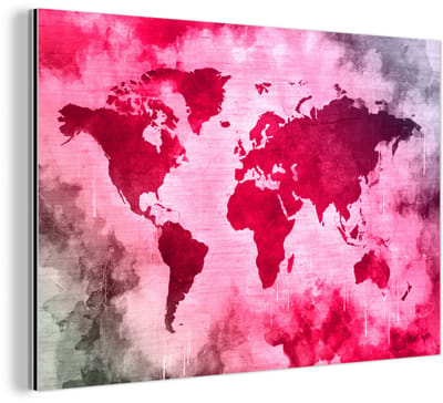 Aluminium schilderij 150x100 cm - Wanddecoratie metaal - Wereldkaart - Rood - Zwart - Metalen muurdecoratie woonkamer - Decoratie industrieel - Foto op dibond - Industriële accessoires slaapkamer
