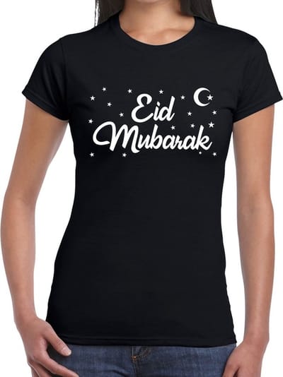 Suikerfeest Eid Mubarak t-shirt zwart dames - suikerfeest/offerfeest/ramadan kleding voor dames XS