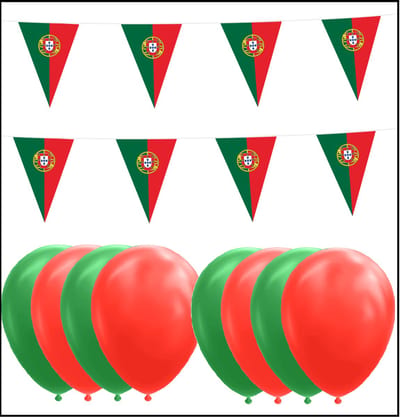 Portugal feestpakket Big – 6x Vlaggenlijn 10 meter + 100 ballonnen rood/groen - Versiering Slinger Feestdecoratie Decoratie