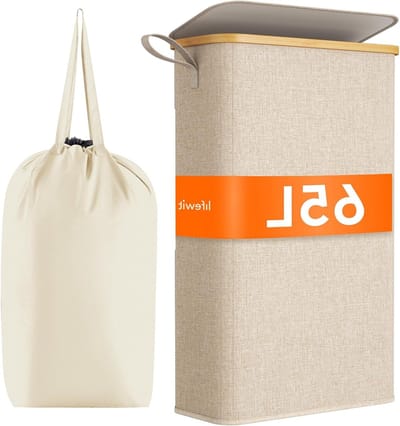 Wasmand met Deksel - Smalle Laundry Basket - Ruimte Besparen - Uitneembare Binnenzak - 65L - Beige