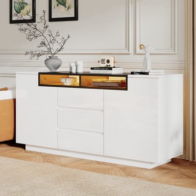 BLACKCOLORS 140*40*68 cm woonkamer dressoir met 2 L-vormige deuren, woonkamerkast met verstelbare scheidingswanden en LED-verlichting, hoogglans kast met 3 lades, commode, wit+zwart