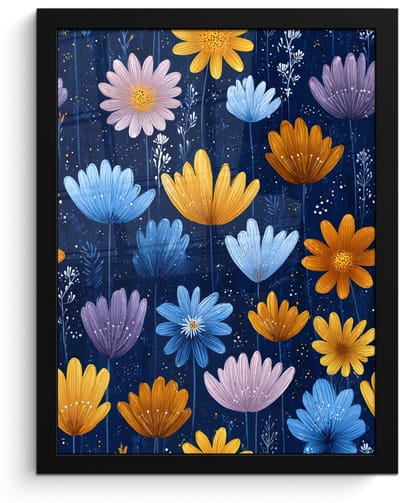 Poster in lijst - Fotolijst 30x40 cm - Posters - Bloemen - Patroon - Blauw - Contrast - Posterlijst zwart - Decoratie - Wanddecoratie woonkamer - Muurdecoratie slaapkamer