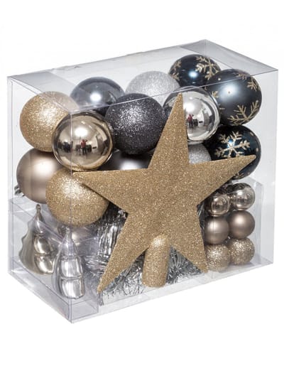 Atmosphera - Kerstballen - Met Piek - 43 stuks - Kunststof - champagne-blauw-grijs