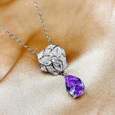 Advanced Rose Necklace Fashionable Light Luxury Water Drop Pear shaped Purple Zircon Camellia Necklaces Women   Jewelry 45cm brown