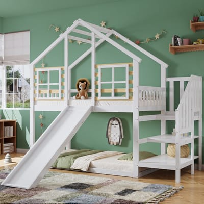 REDOM Huisstapelbed 90x200 cm – Wit/naturel – Met glijbaan, trap & veiligheidshek – Speels