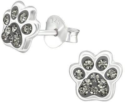 Joy|S - Zilveren hond kat dierenpoot oorbellen - black diamond grijs - 7 x 6 mm - poot afdruk oorknoppen