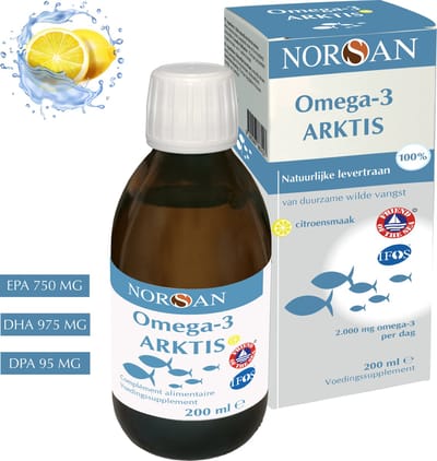 NORSAN | OMEGA-3 ARKTIS NATUURLIJK LEVERTRAAN | 2000 MG | EPA 750 MG | DHA 975 MG | DPA 95 MG | VITAMINE A, D EN E | PUUR EN ZUIVER | 200 ML