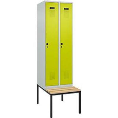 C+P Evolo Plus garderobekast, 2 vakken van elk 300 mm breed, bankje eronder, B 600 x D 815 x H 2120 mm, draaischroef, lichtgrijs/kleedgroen