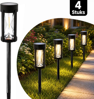 Webzon – Solar Tuinlampen 4 Stuks – Warm Wit LED – Zandlopervorm – IP44 Waterdicht – Automatisch Aan/Uit – Solar Buitenverlichting voor Tuinpad, Oprit, Terras en Tuin – Zwart