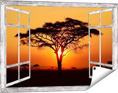 Gards Tuinposter Doorkijk Zonsondergang Achter een Savanne Boom - 90x60 cm - Tuindoek - Tuindecoratie - Wanddecoratie buiten - Tuinschilderij