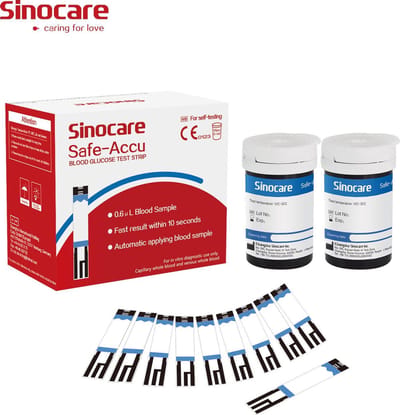 Sinocare® Bloedglucose Diabetescontrole codevrij strips x 50 en pijnloze lancetten x 50 - in mg/dL (Safe Accu) (50 strips) - Geschikt voor Bloedglucosemeter Safe Accu