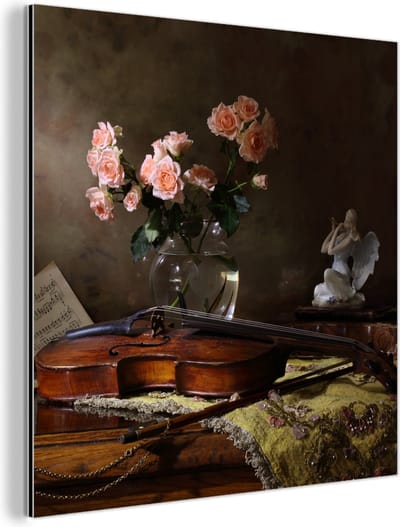 Aluminium schilderij 90x90 cm - Wanddecoratie metaal - Viool - Rozen - Roze - Bloemen - Stilleven - Metalen muurdecoratie woonkamer - Decoratie industrieel - Foto op dibond - Industriële accessoires slaapkamer