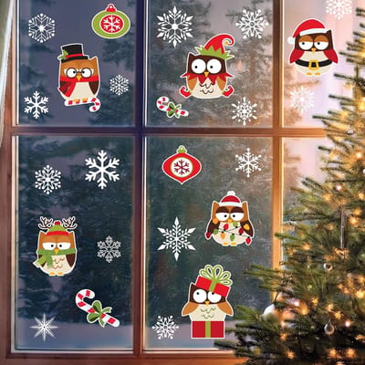 Kerst Uil Raamstickers - 4 Vel Decoratie voor Kinderen