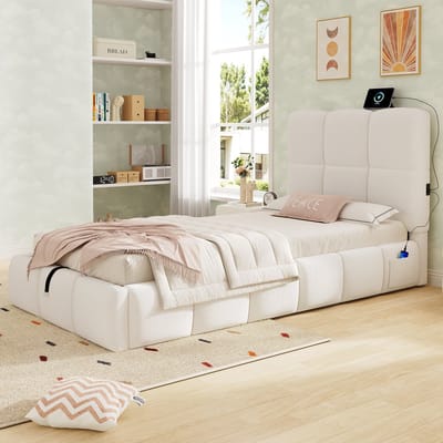 HAUSS SPOLE Kinderbed 90x200 cm - Gestoffeerd Bed Met USB En Opbergruimte - Zonder Matras - Bouclé - Beige