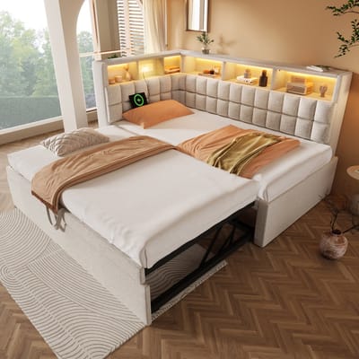 DESMIU Gestoffeerd Bed 90x200 cm – Uitschuifbaar Met Led En Oplaadfunctie – L-Hoofdbord Met Opbergruimte – Voor Logeer- Of Jeugdkamer – Linnenlook – Beige – Zonder Matras