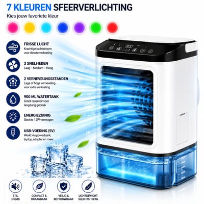 HomeGoodies - Airco - Mobiele airco - Mini airconditioning - Draagbaar - 7 Kleuren Nachtlamp - Voor Slaapkamer, Kantoor en Camper