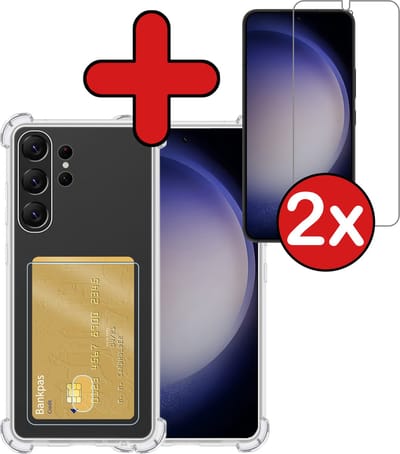 Hoesje - Geschikt voor Samsung Galaxy S23 - Met 2x Screenprotector - Pashouder - Kaarthouder - Back Cover - Telefoon Hoes Shockproof - Siliconen Case - Shock Proof - Pasjes Houder - Telefoonhoes - Transparant