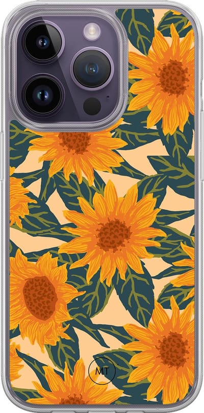 Hybride hoesje geschikt voor iPhone 14 Pro - Zonnebloemen - Extra bescherming - Luxe beschermhoes - TPU case - Transparant, Oranje - Mooie Telefoonhoesjes