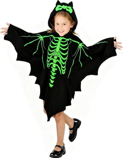 Skelet Bat Kostuum voor Kinderen, Glow-in-the-Dark Effect, Unisex Jumpsuit voor Halloween en Carnaval