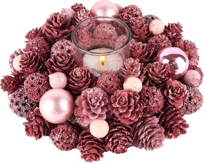 Dekoratief | Tafelstukje m/dennenappels/ballen, roze, 18x18x7cm | A245501