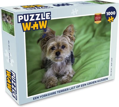 Puzzel Een Yorkshire Terrier ligt op een groen kussen - Legpuzzel - Puzzel 1000 stukjes volwassenen