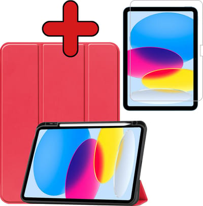 Hoesje - Geschikt voor Apple iPad A16/A18 (2022/2025/2026) - 10.9 & 11 inch (10e, 11e & 12e generatie) - Met Screenprotector - Trifold Bookcase Hoes - Hard Cover Case - Met Uitsparing Geschikt voor Apple Pencil - Hardcover Book - Tablethoes - Rood
