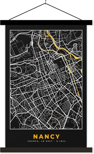 Posterhanger incl. Poster 40x60 cm - Schoolplaat - Frankrijk – Kaart – Plattegrond – Nancy - Stadskaart - Textielposter - Zwarte latten - Stadskaart