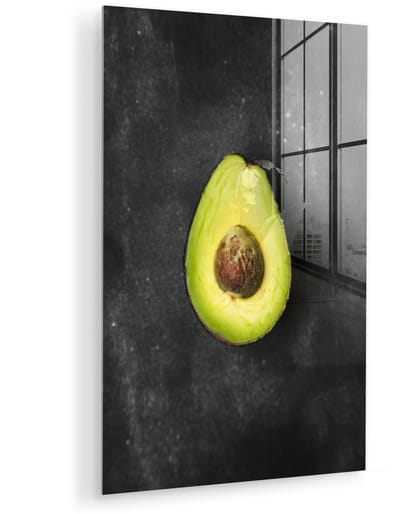 ® Glasschilderij 120x180 cm - Schilderij acrylglas - Eenzame avocado op een zwarte tafel - Foto op glas - Muurdecoratie woonkamer - Wanddecoratie slaapkamer - Schilderijen