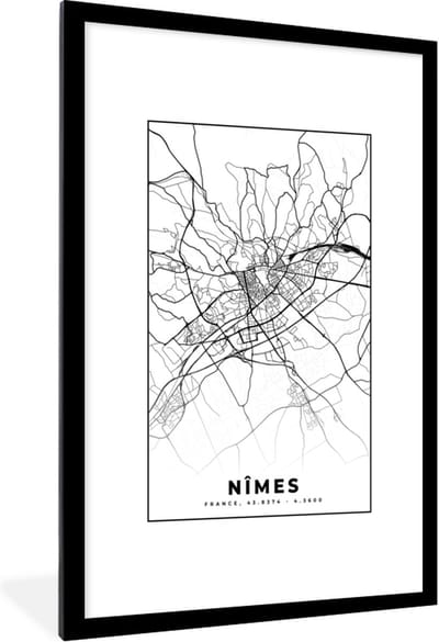 Fotolijst incl. Poster Zwart Wit- Plattegrond - Nîmes - Kaart - Frankrijk - Stadskaart - Zwart wit - 80x120 cm - Posterlijst
